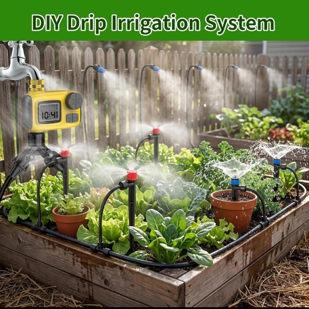 165FT Drip Irrigation System Kit w/ Timer Brass Connectors Adjustable Sprayers