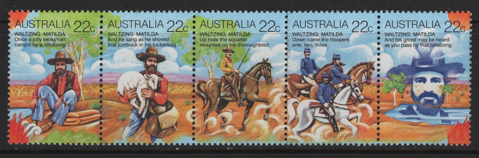 Australia #741 (Strip 5) Waltzing Matilda Se-tenant MNH (folded)