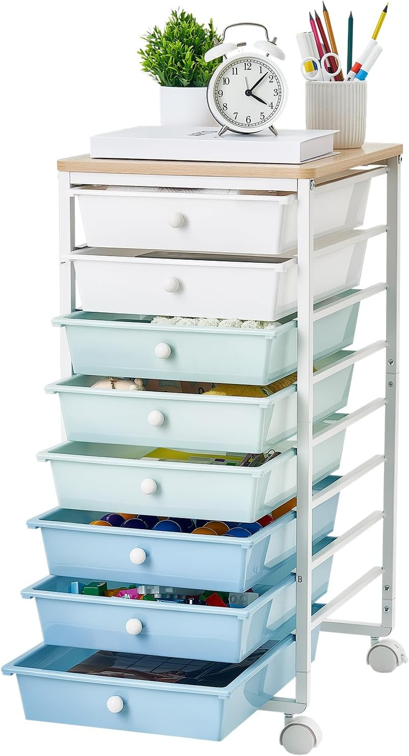 Rolling Cart with Drawers, 8 Drawer Storage Organizer, Mobile Utility Cart with