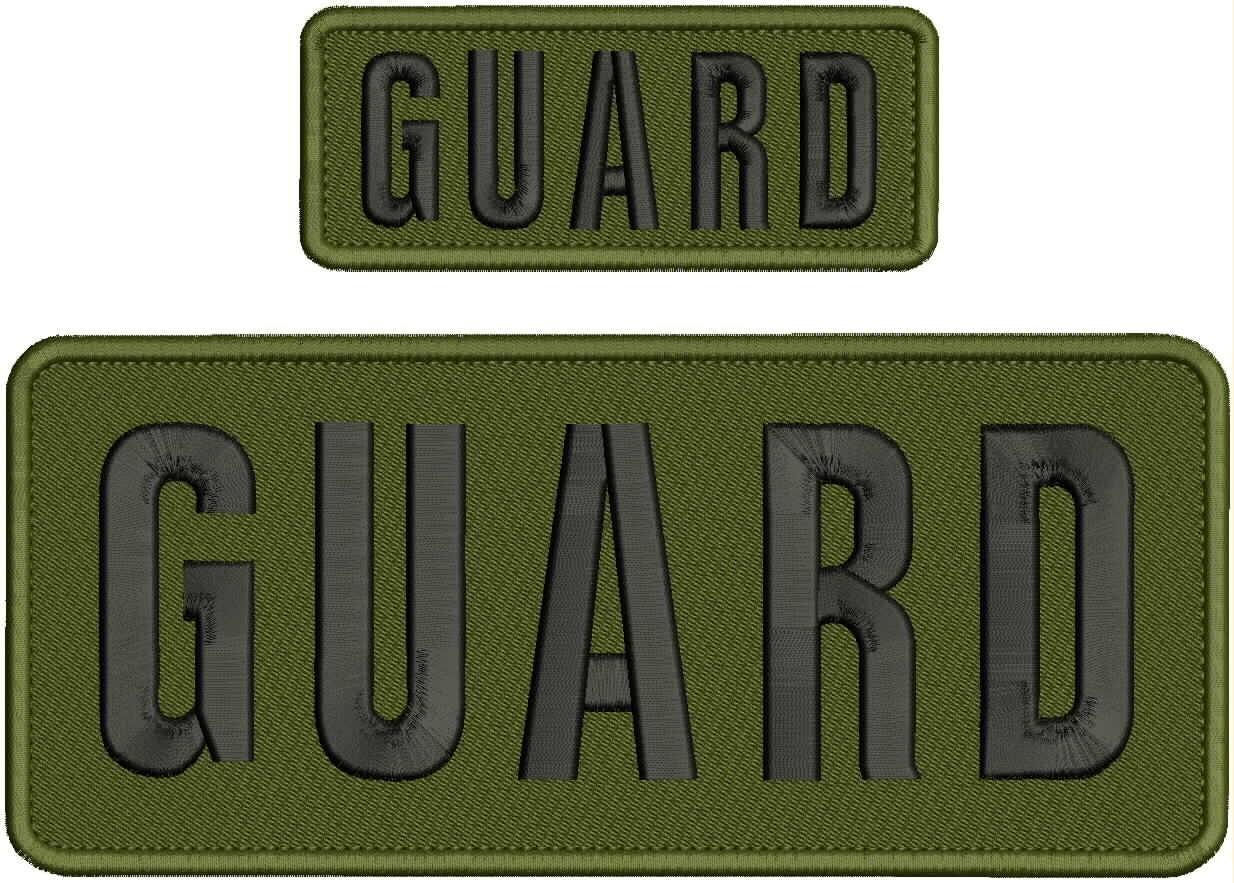 GUARD EMBROIDERY PATCHES 4X10 AND 2X5 HOOK ON BACK  BLACK ON OD GREEN