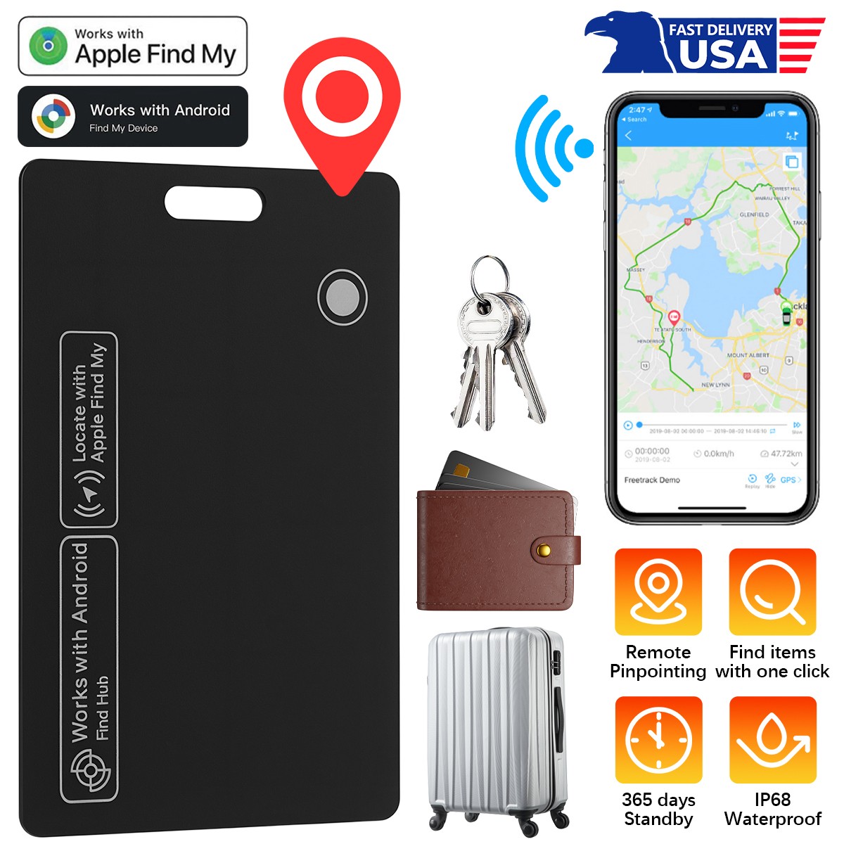 Slim Rechargeable Wallet Tracker Card - Works with iPhone & Google Find My