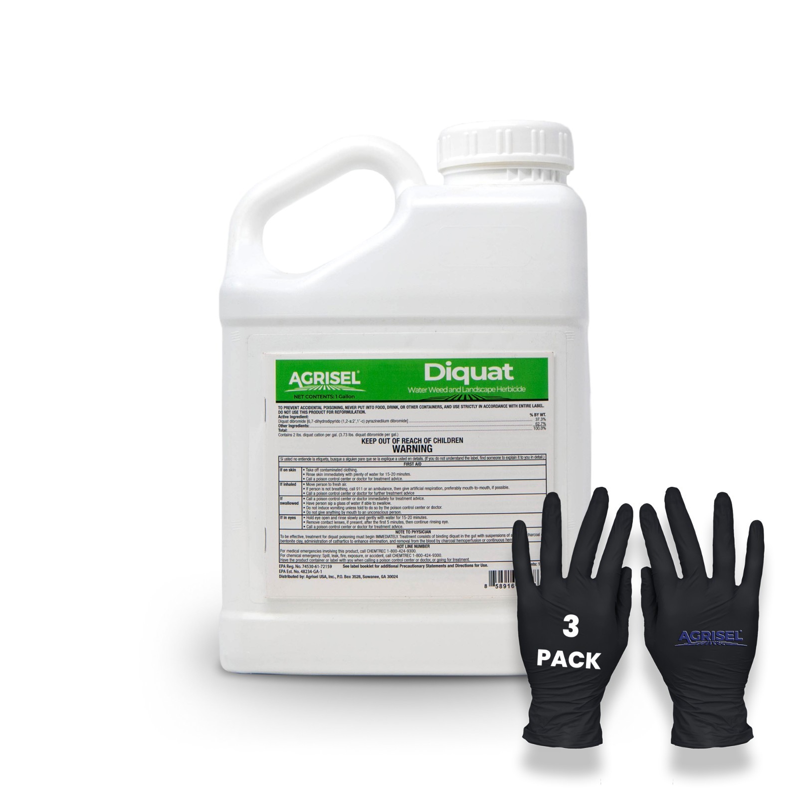 Diquat Weed Killer, Includes 3-Pack of Agrisel Protective Gloves, 128oz