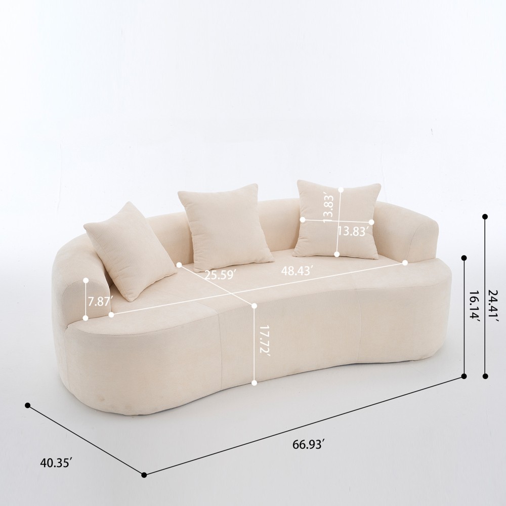 Crescent-shaped sofa, modern low-back design with deep cushions, self-inflating