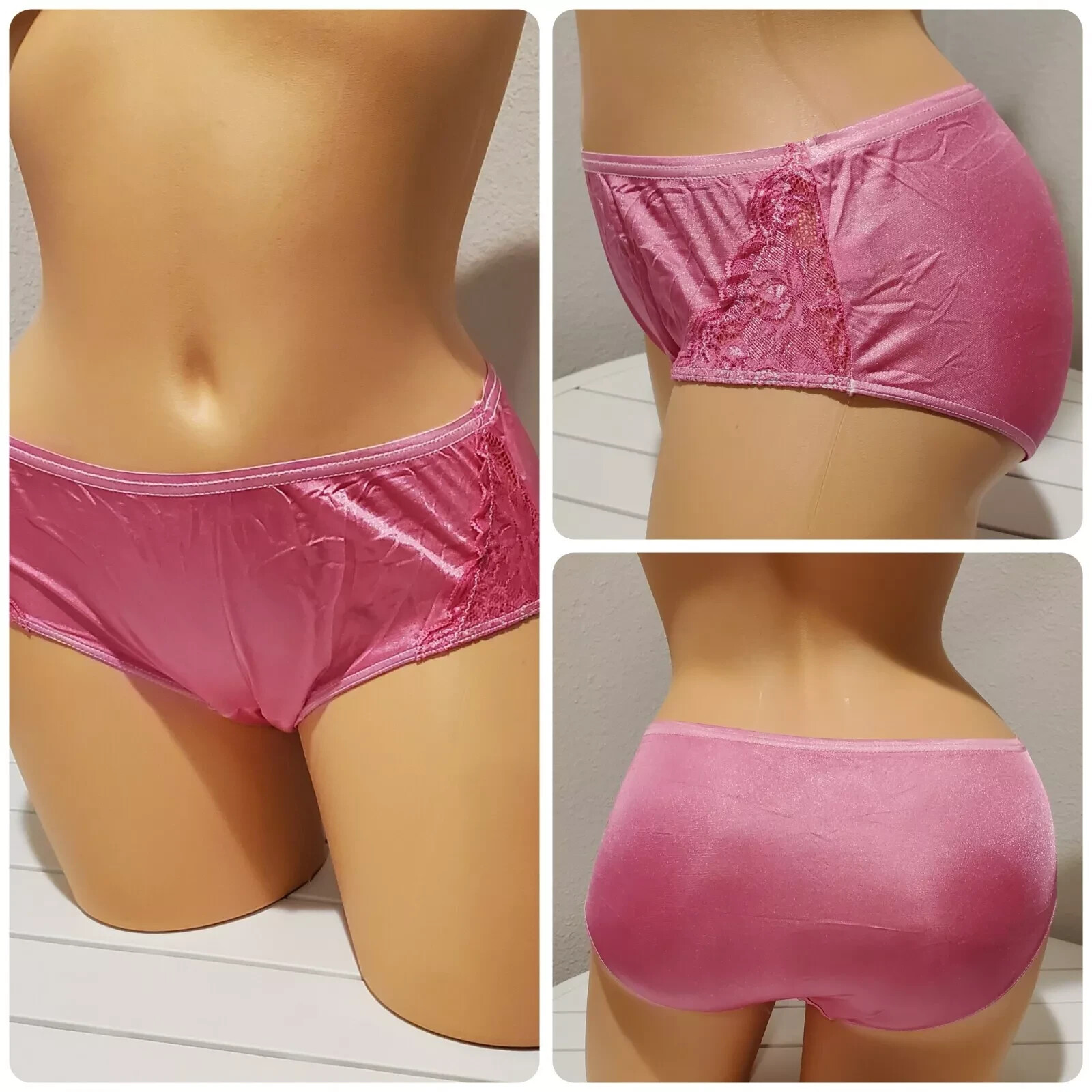 Shadowline Floral LACE Bikini Panty Shiny Nylon Silky 5/S PINK Sultry 11182