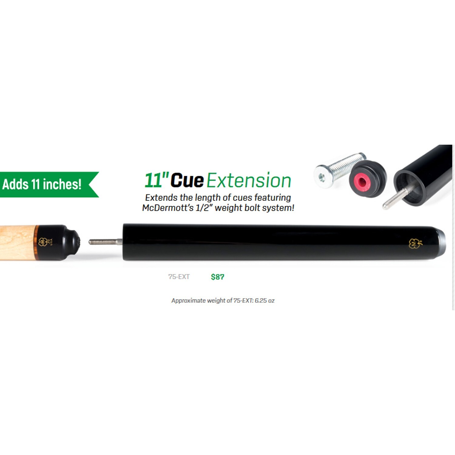 McDermott 11" Billiard Pool Cue Extension - AUTHORIZED DEALER