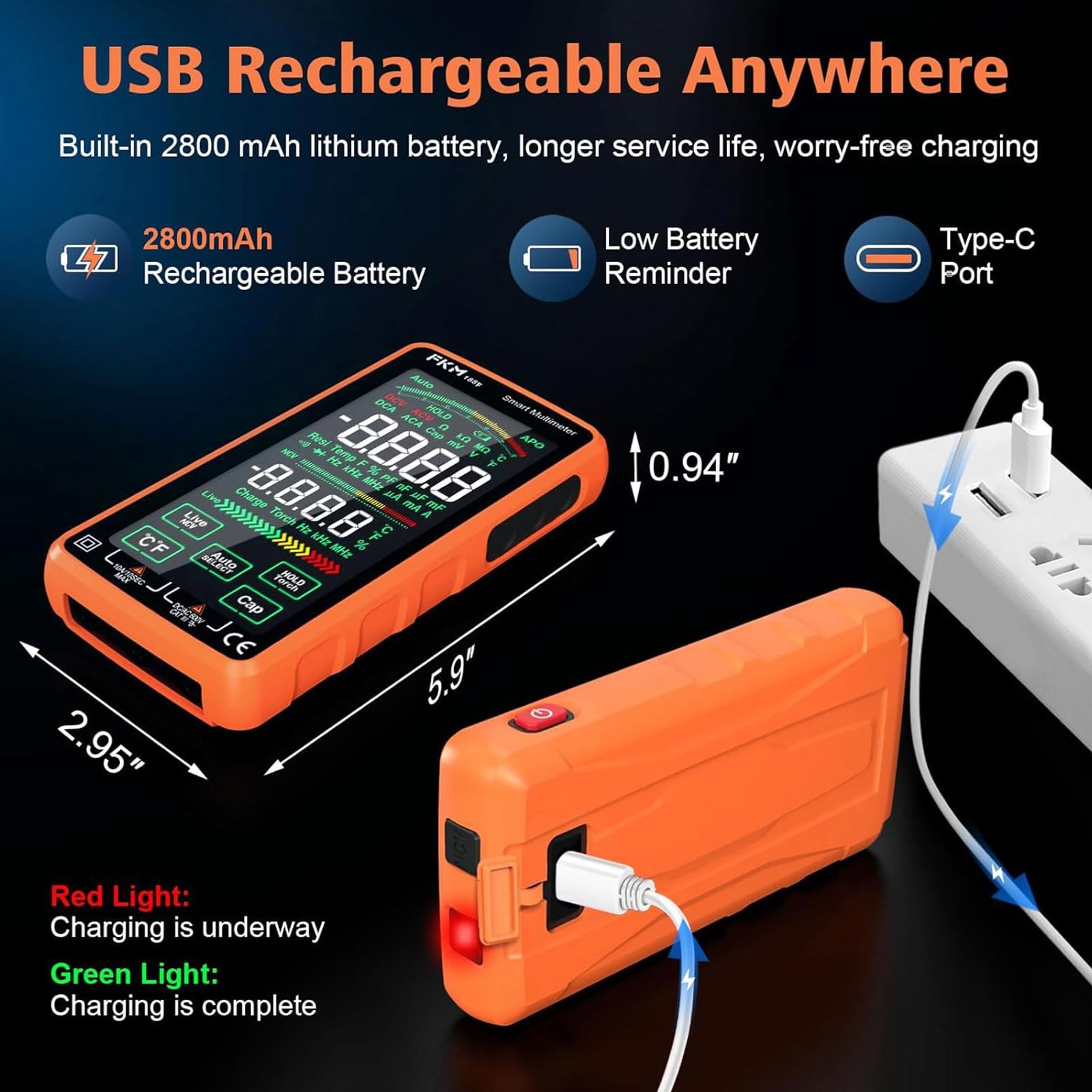 FKM Pro Digital Multimeter Tester,Compact & Rechargeable 6000 Counts, orange