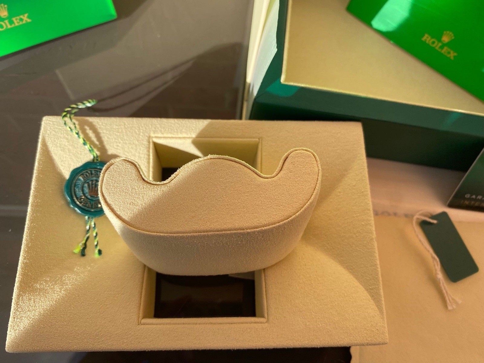 Rolex Single Watch Presentation Box Set Inner/Outer Boxes Bag Papers Green/Beige