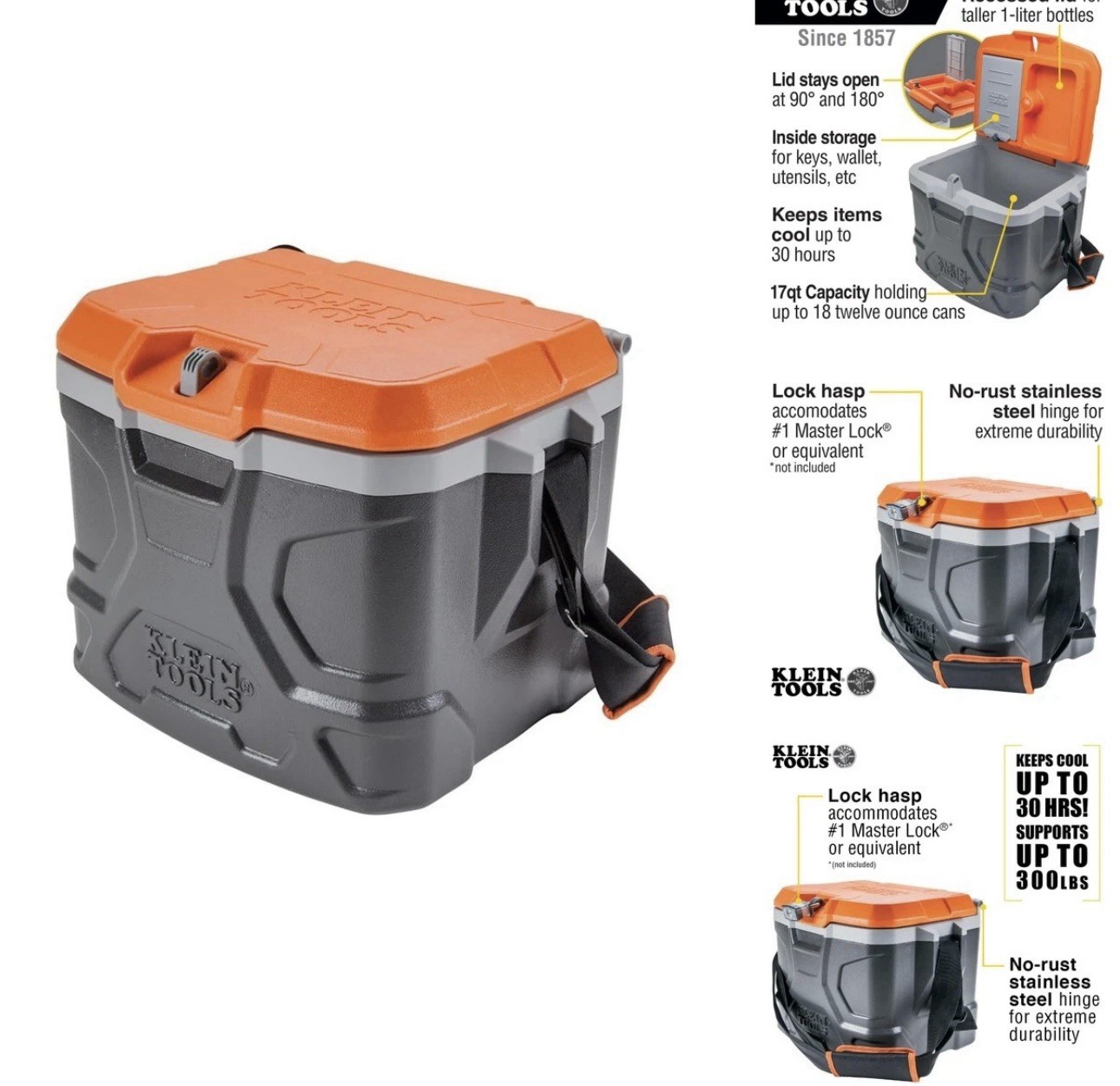 Klein Tools 55600 Work Cooler, 17-Quart Lunch Box Holds 18 Cans, Keeps Cool 30Hr
