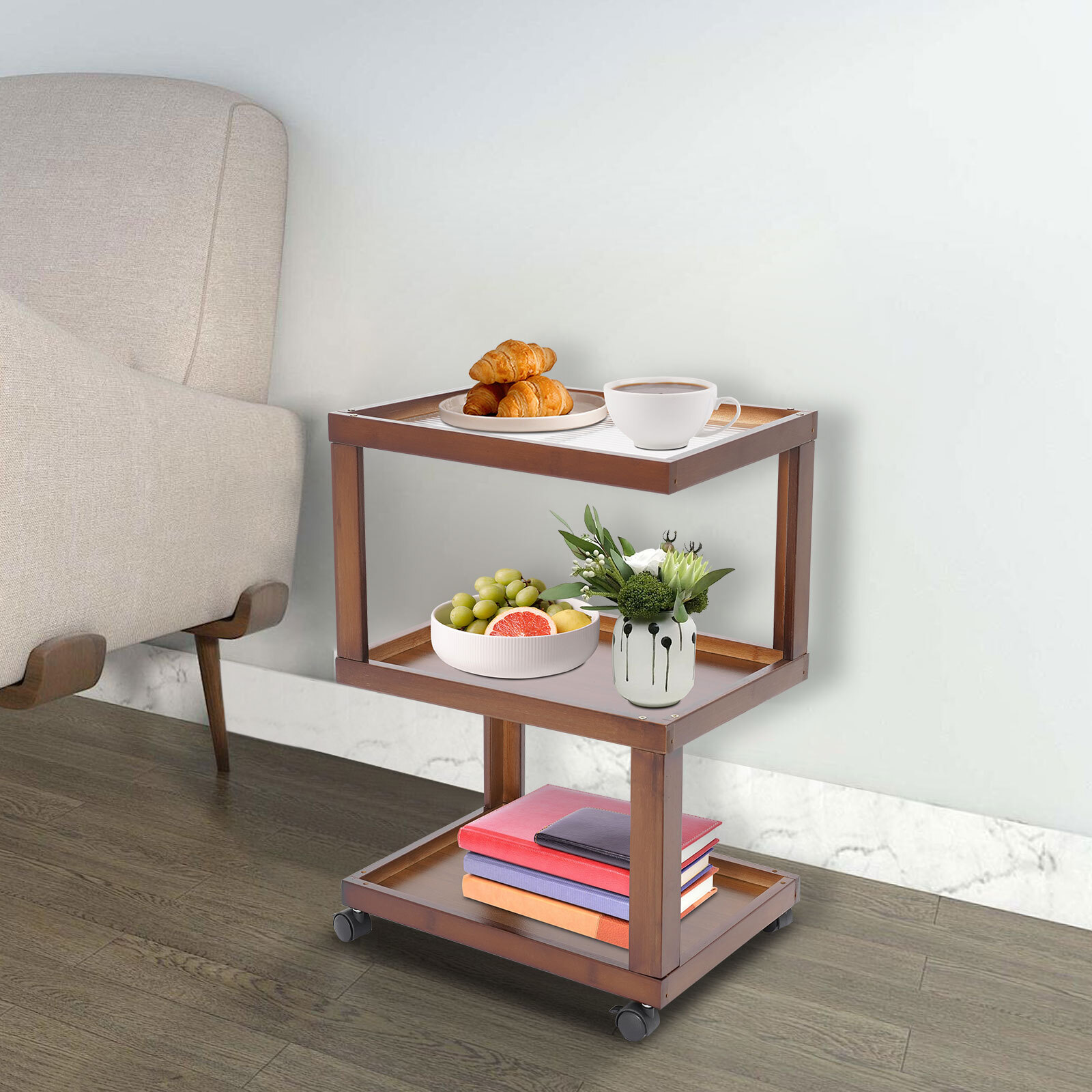 End Table 3-Tier Wood Nightstand End Table for Small Spaces with Open Storage