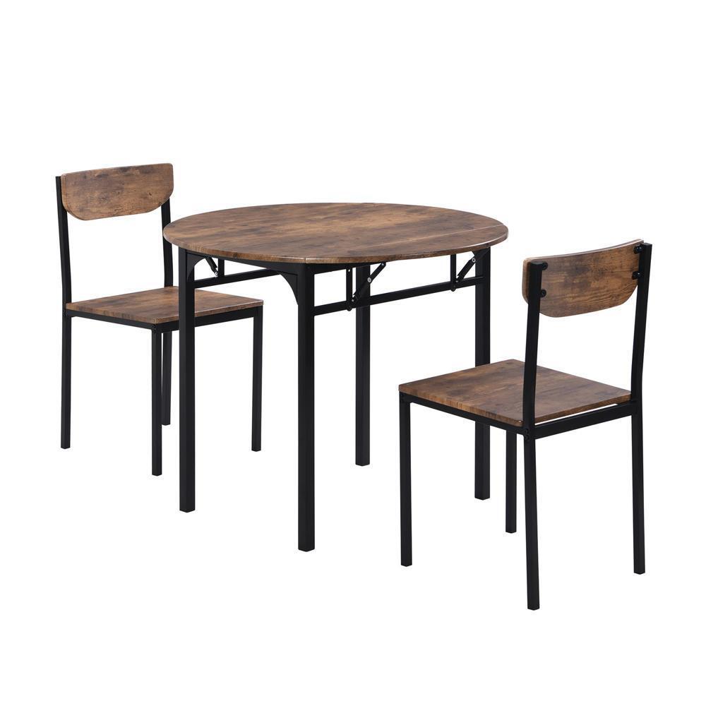 Black Frame Rustic Brown Finish 3PC Small Place Drop Leaf Round Dining Table Set