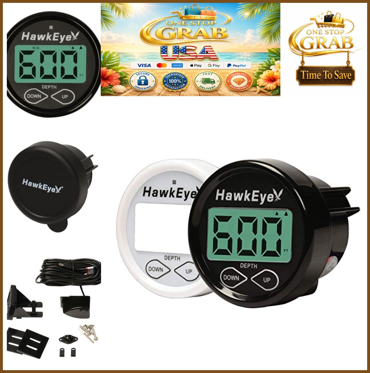 Depth Finder In Dash Digital 600 Feet 200 kHz Transom Transducer Alarm LED LCD
