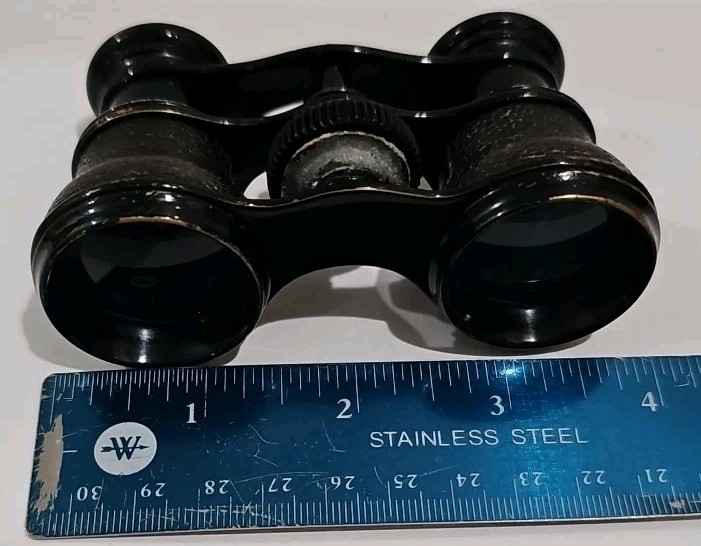 VINTAGE Opera Glasses Mini Binoculars Leather Metal BLACK Good Optics & Focus