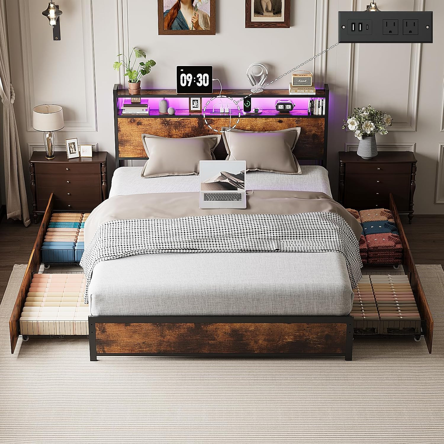 Queen Bed Frame with 4 Storage Drawers and Headboard, Metal Platform Panel Bed w