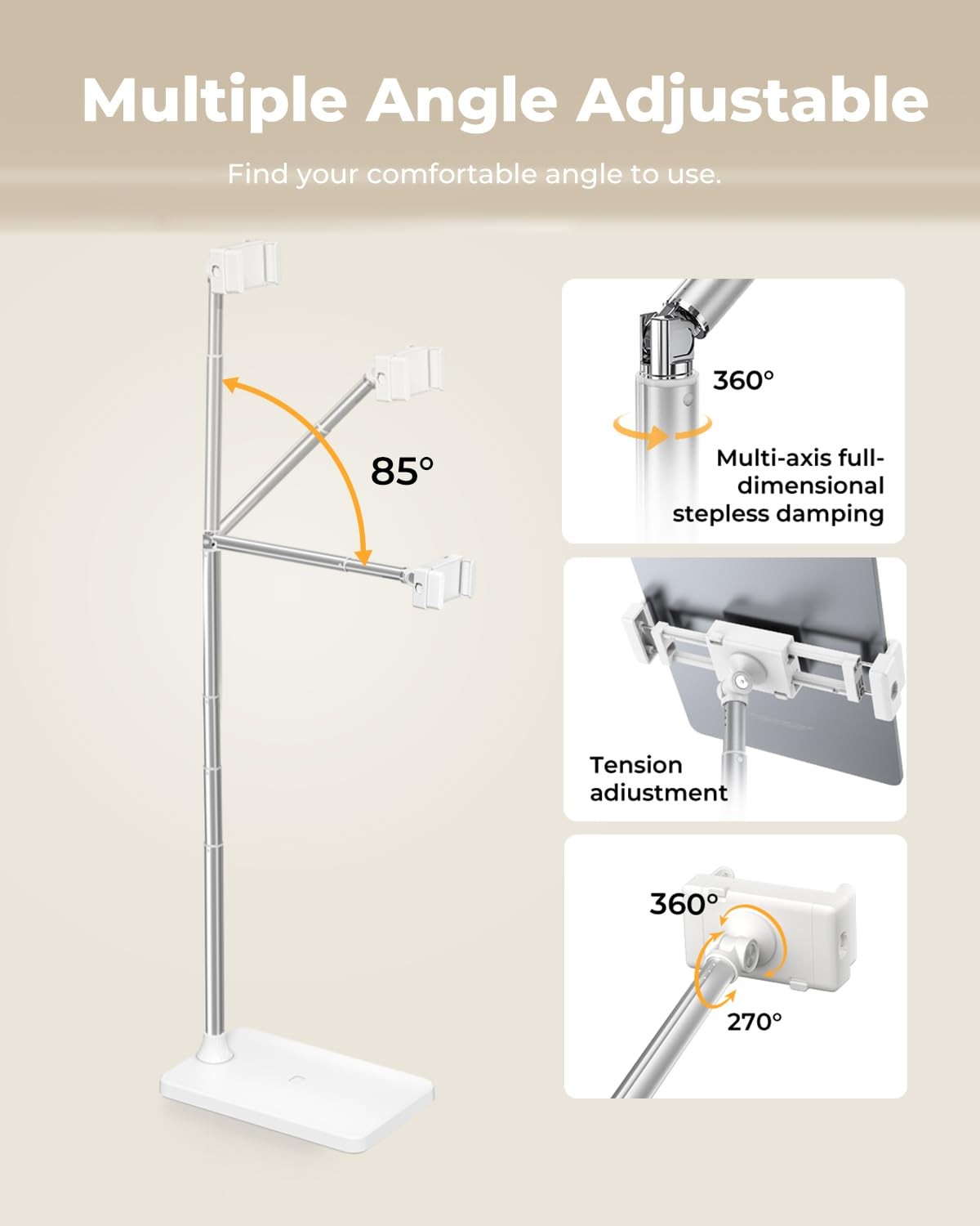 Tablet Floor Stand, Adjustable Ipad Holder for Bed & Sofa - 360° Rotating Long A
