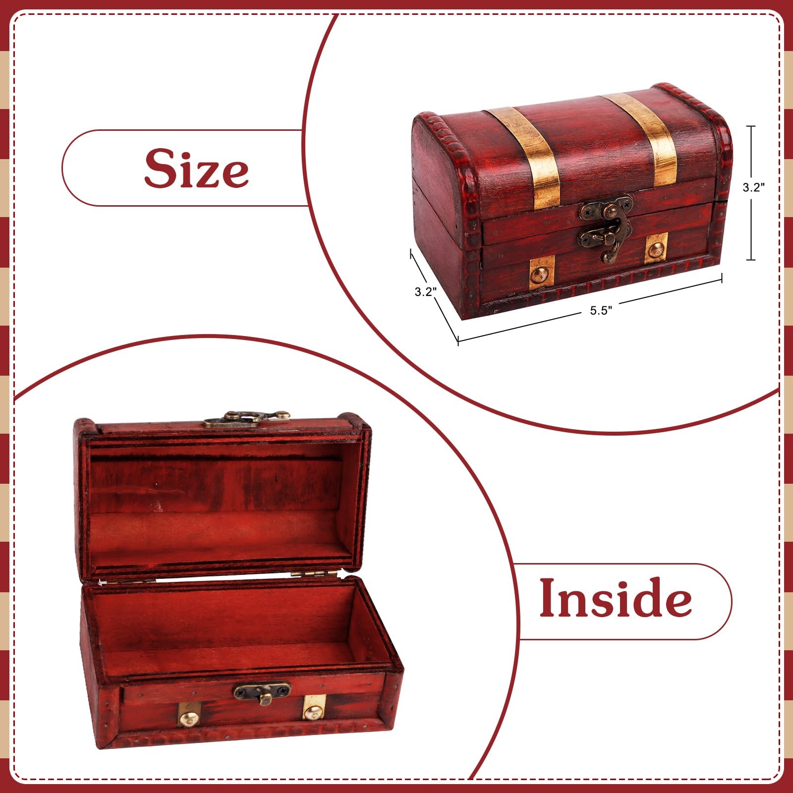 WaaHome Pirate Treasure Boxes Small Wood 5.5''X3.2''X3.2'', 5.5" Red