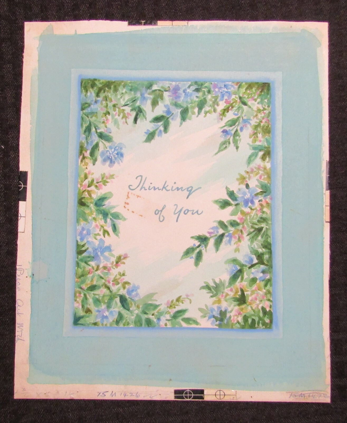 THINKING OF YOU Purple Flowers with Blue Border 9x11" Greeting Card Art #M1436
