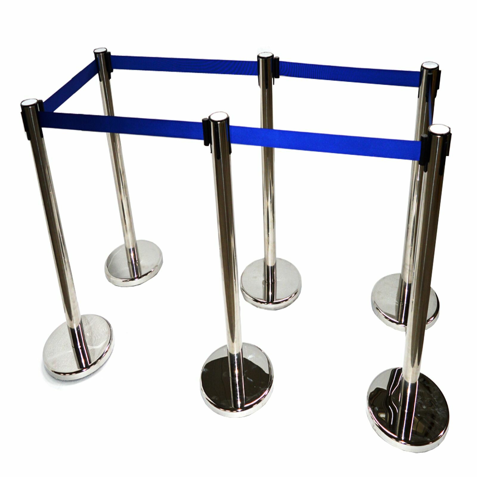6Pcs Stanchion Posts Queue Pole Retractable Belt Crowd Control Blue Belt Barrier