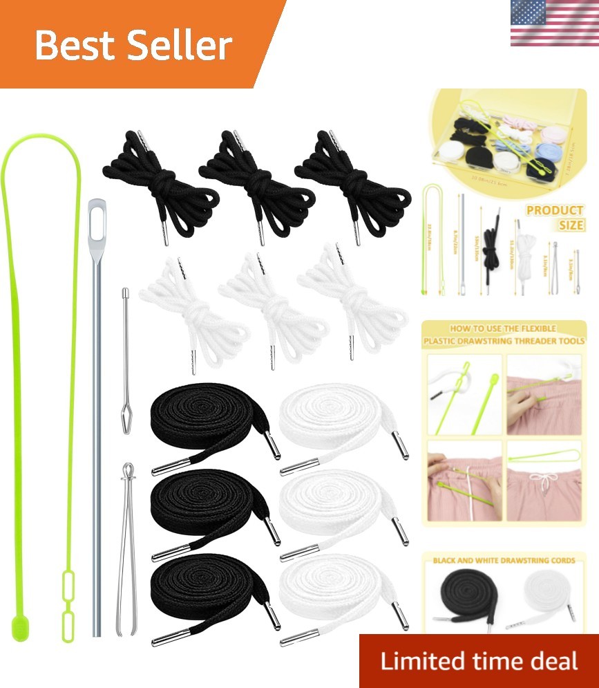 16pcs Drawstring Cord Kit-12pcs Hoodie Strings Flat & Round,Black & White wit...