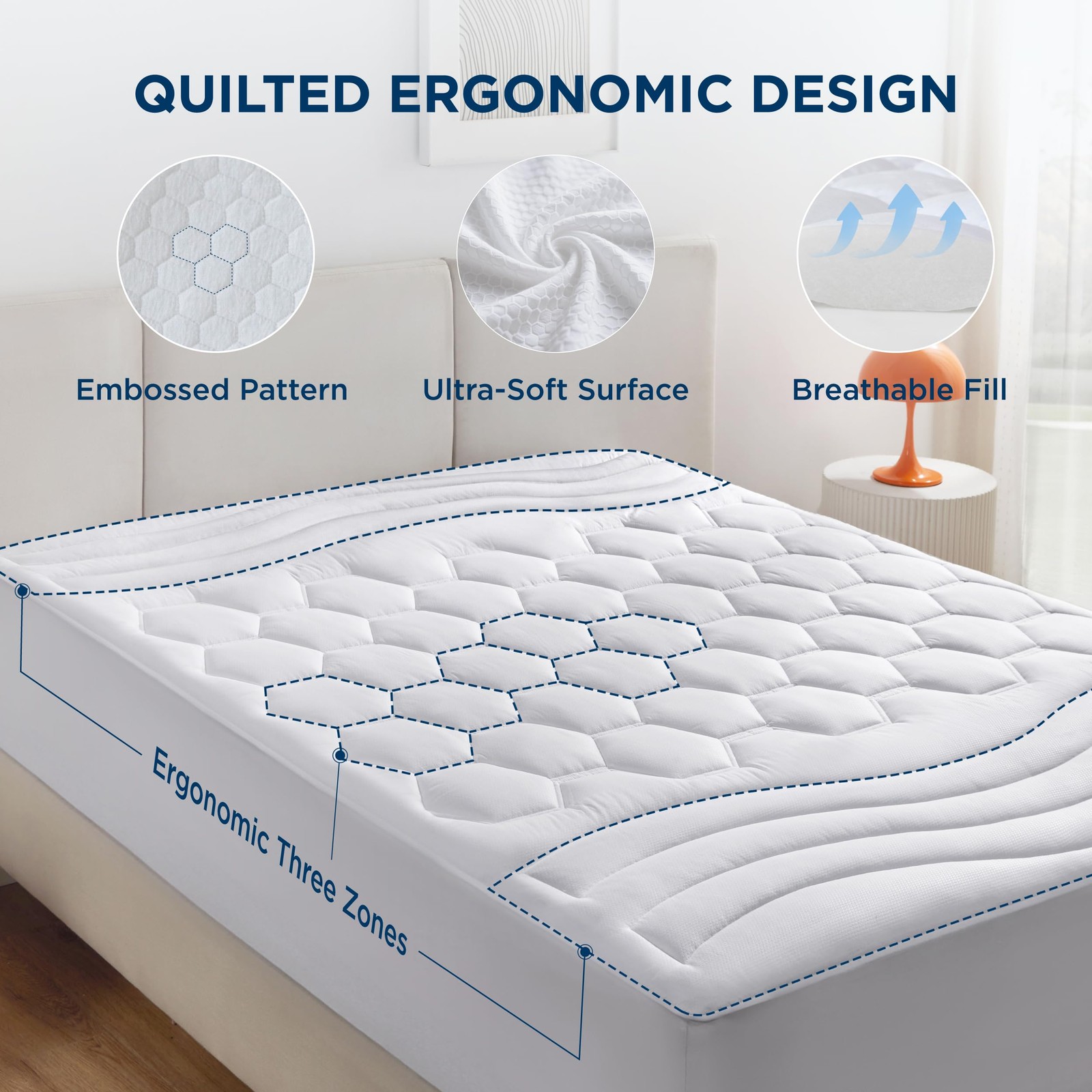 Bedsure King Mattress Pad - Quilted Fitted Topper King, White