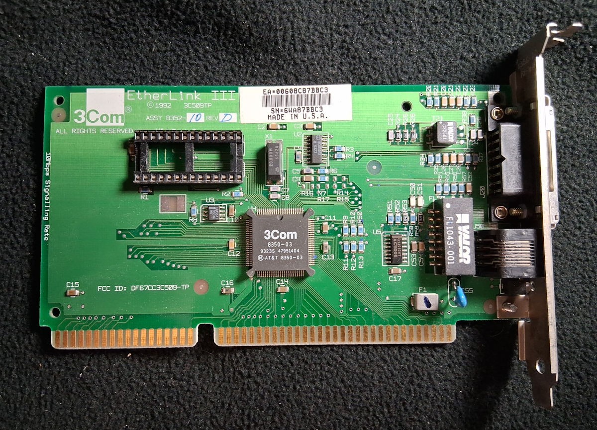 1992 3Com Etherlink III 3C509TP 10BaseT ethernet card 3COM