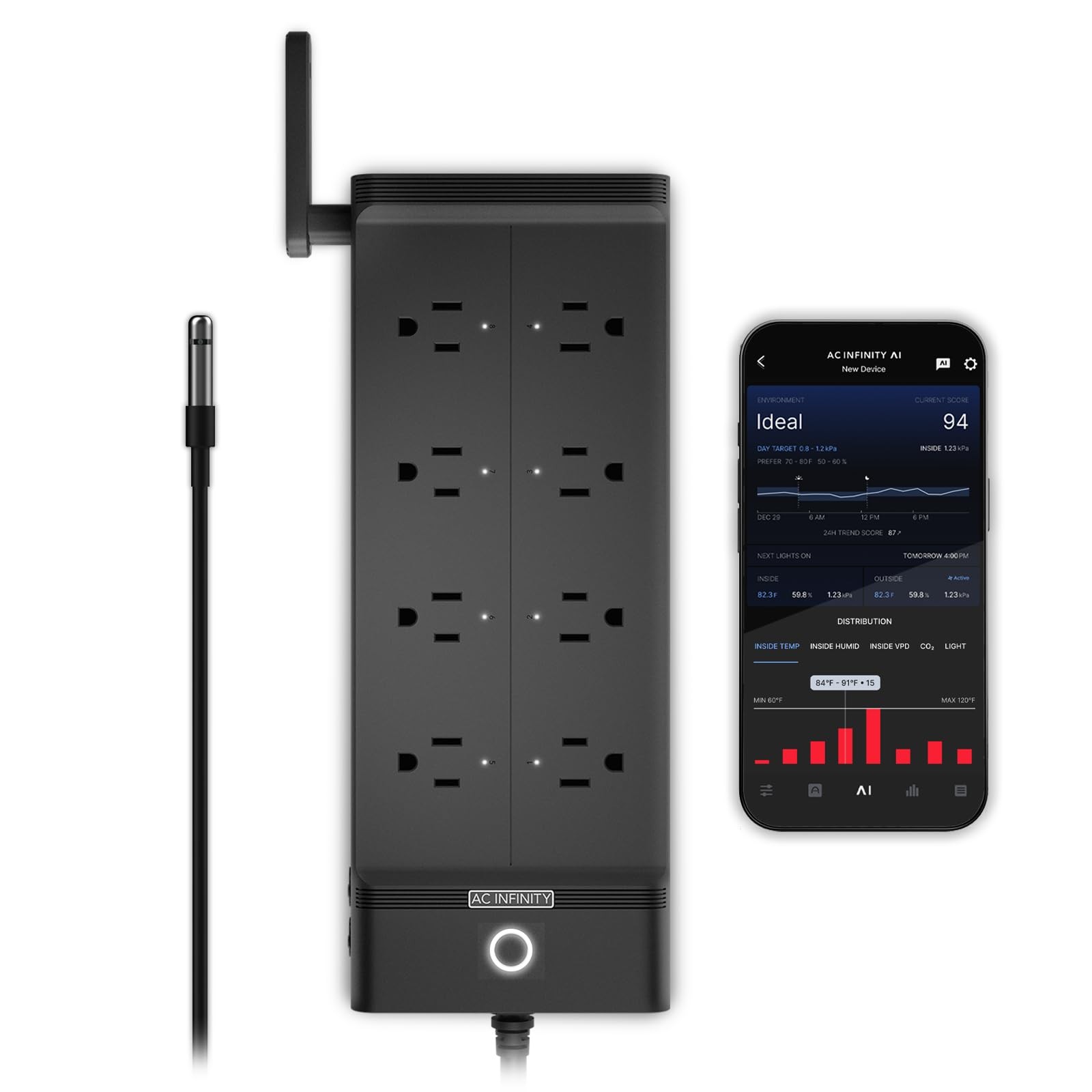 AC Infinity Outlet AI+, Environment Controller, Smart WiFi Power Strip, Black