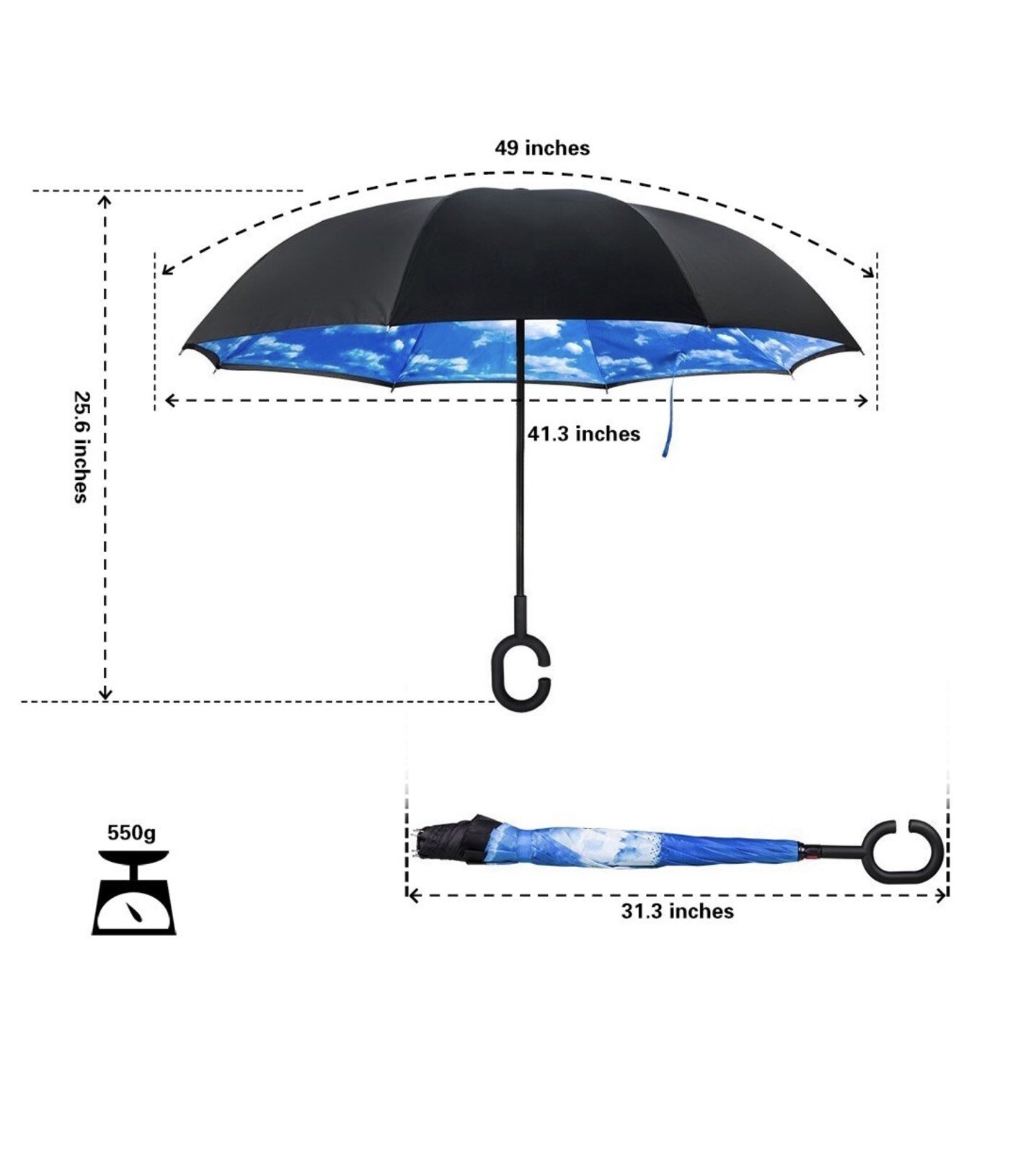 Purple/White Polka Dot & Black Double Layer Reverse Umbrellas - C Shaped Handle