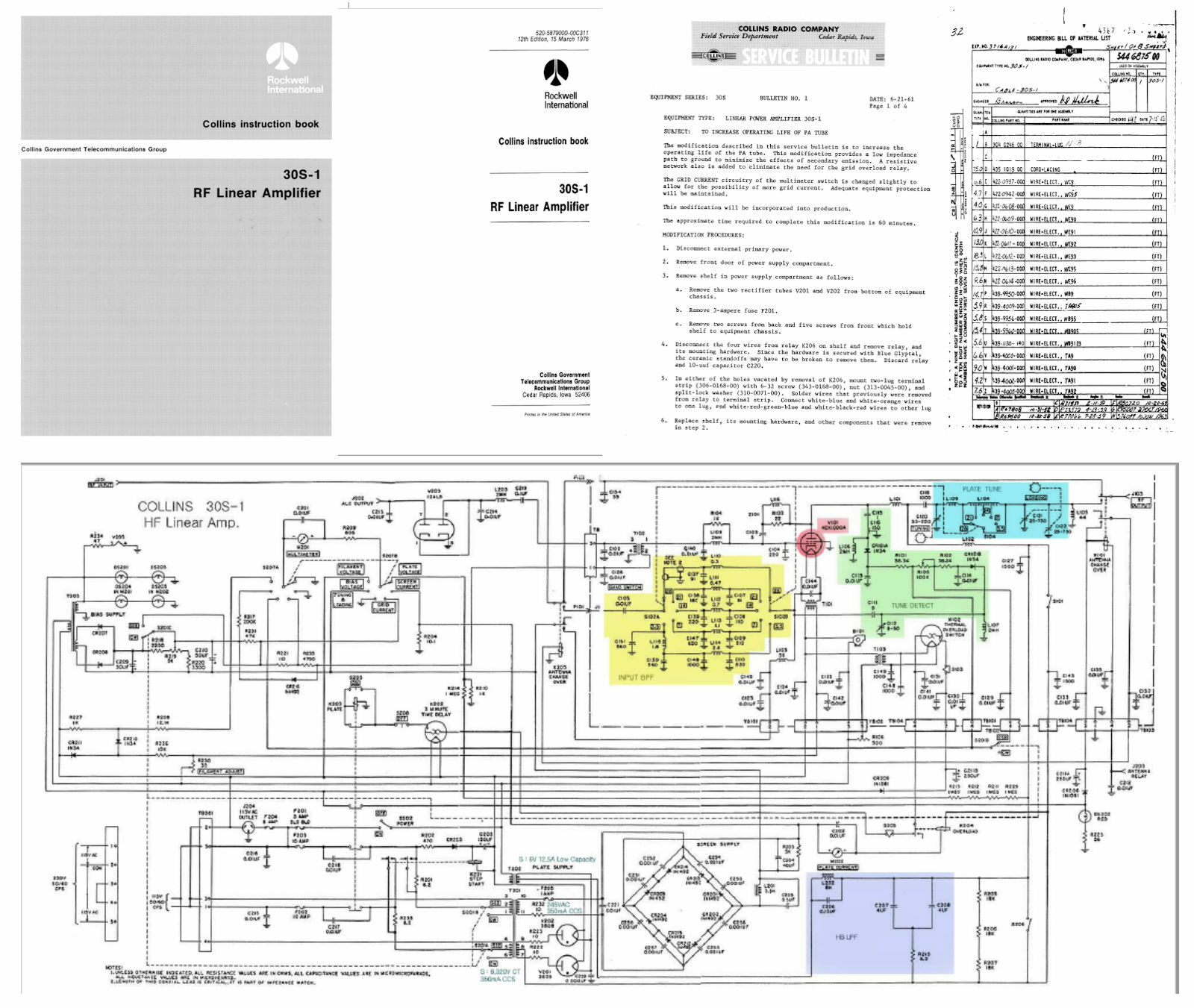 COLLINS 30S-1 INSTRUCTION / SERVICE MANUAL + 11x17" DIAGRAM + BULLETINS +
