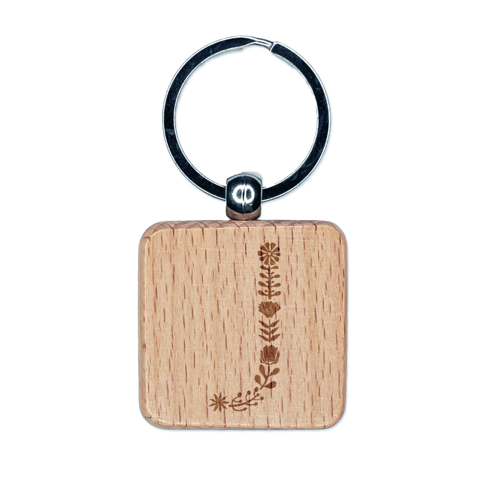 Elegant Botanical Floral Letter J Engraved Wood Square Keychain Tag Charm