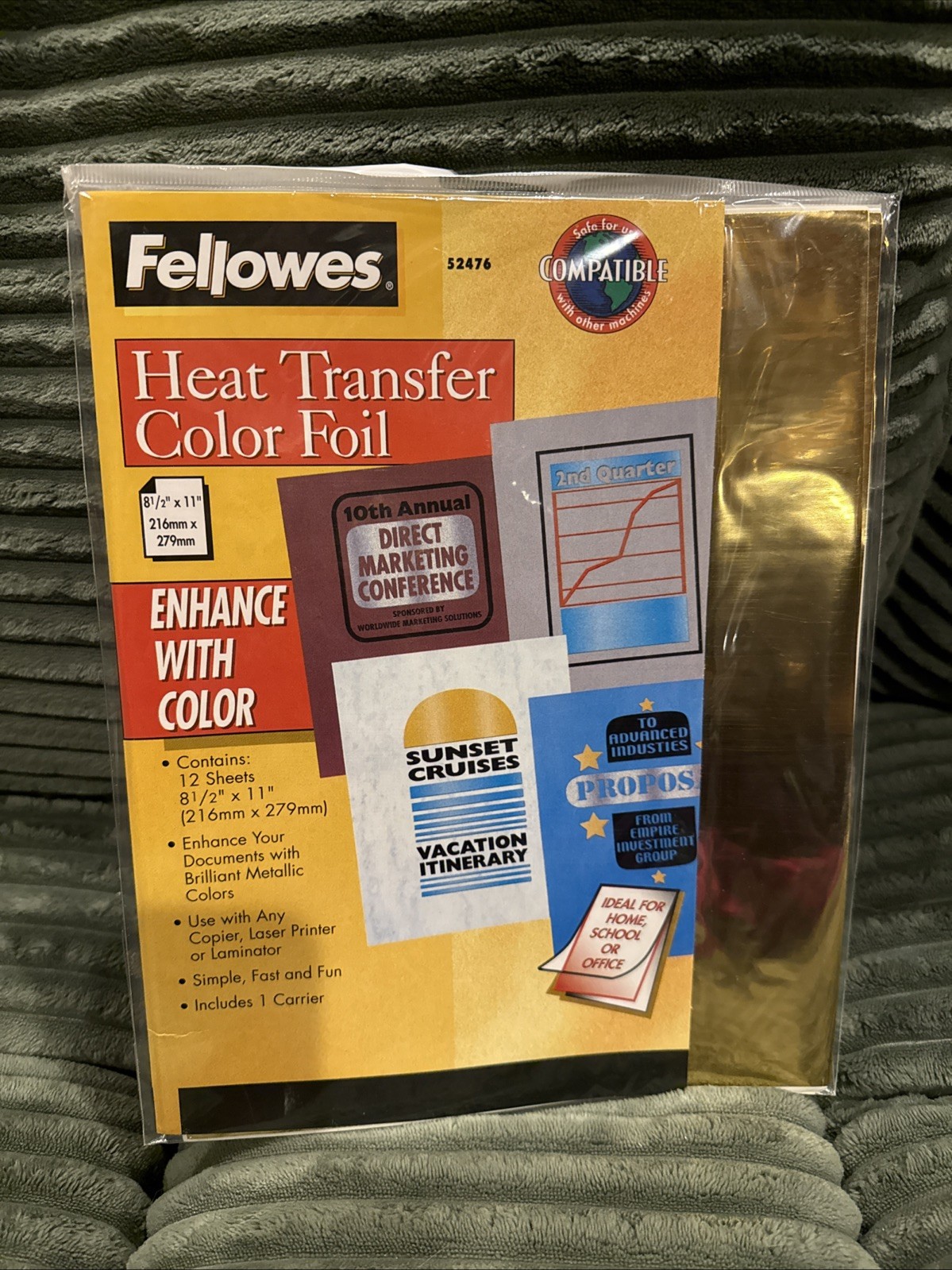 Fellowes Heat Transfer Color Foil Sheets 12 Sheets 8.5” By 11” NOW