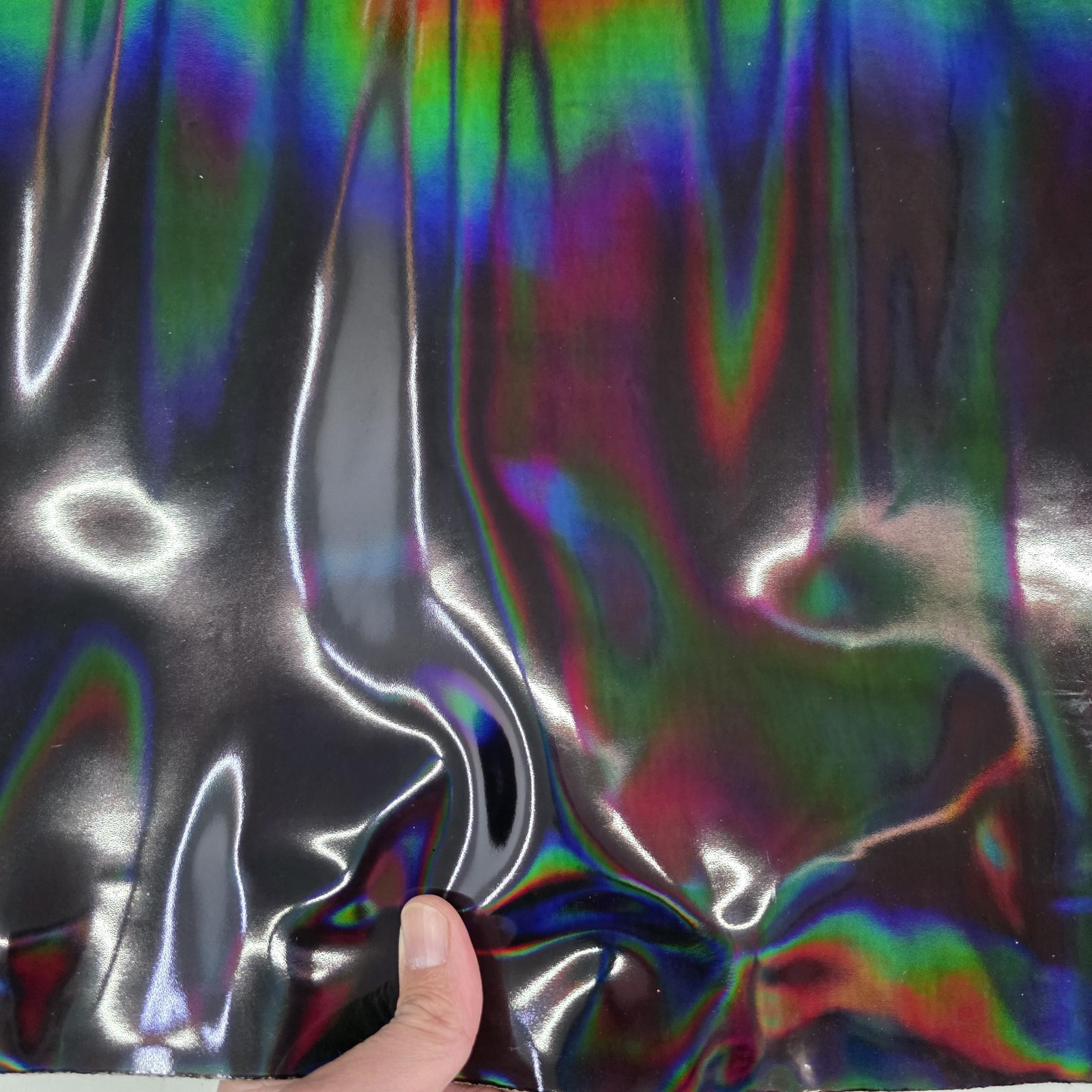 Color Black Iridescent Cow Patent Leather: Holographic Rainbow Glossy Metallic