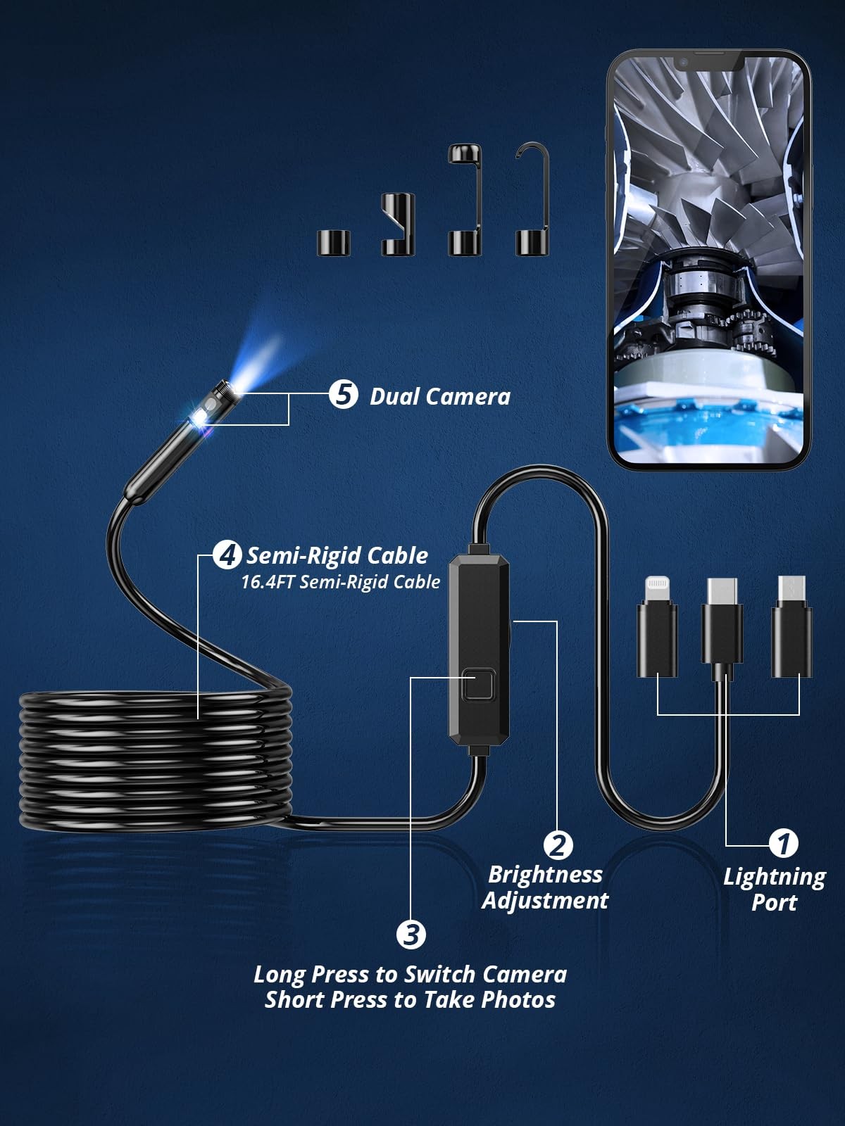 Acoath Endoscope Camera with Light, Dual-Lens 1920P HD Borescope with 8