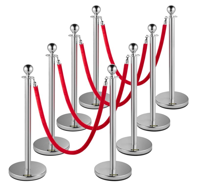 34 inch Stainless Steel Stanchion Posts with Red Velvet Ropes,8 Poles + 4 Cords