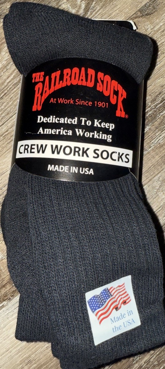 Railroad Sock ~ 3-Pair Black Socks Crew USA ~ Sock Size 10-13 Shoe Size 6-12