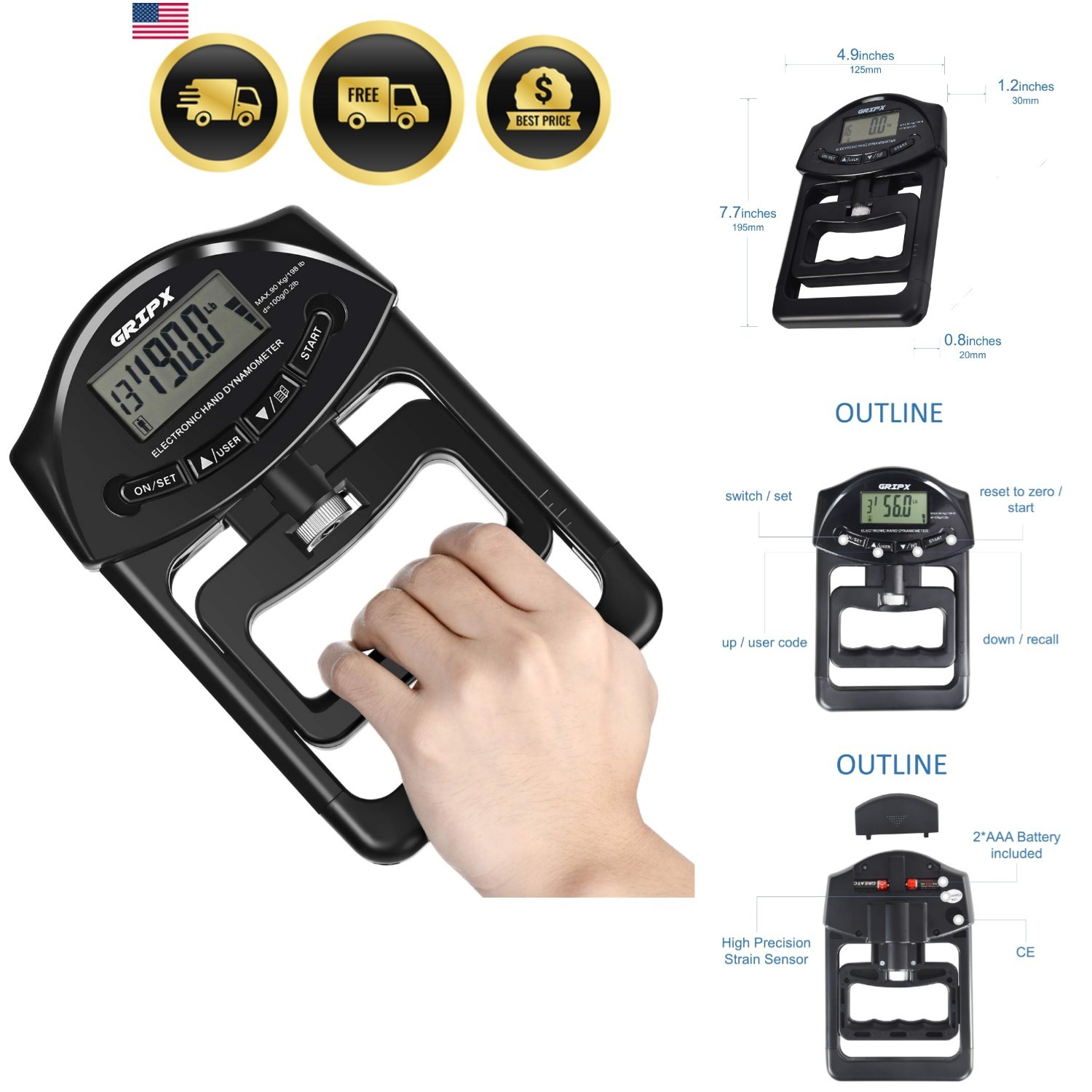 Digital Hand Dynamometer Grip Strength Measurement Meter Auto Capturing Elect...