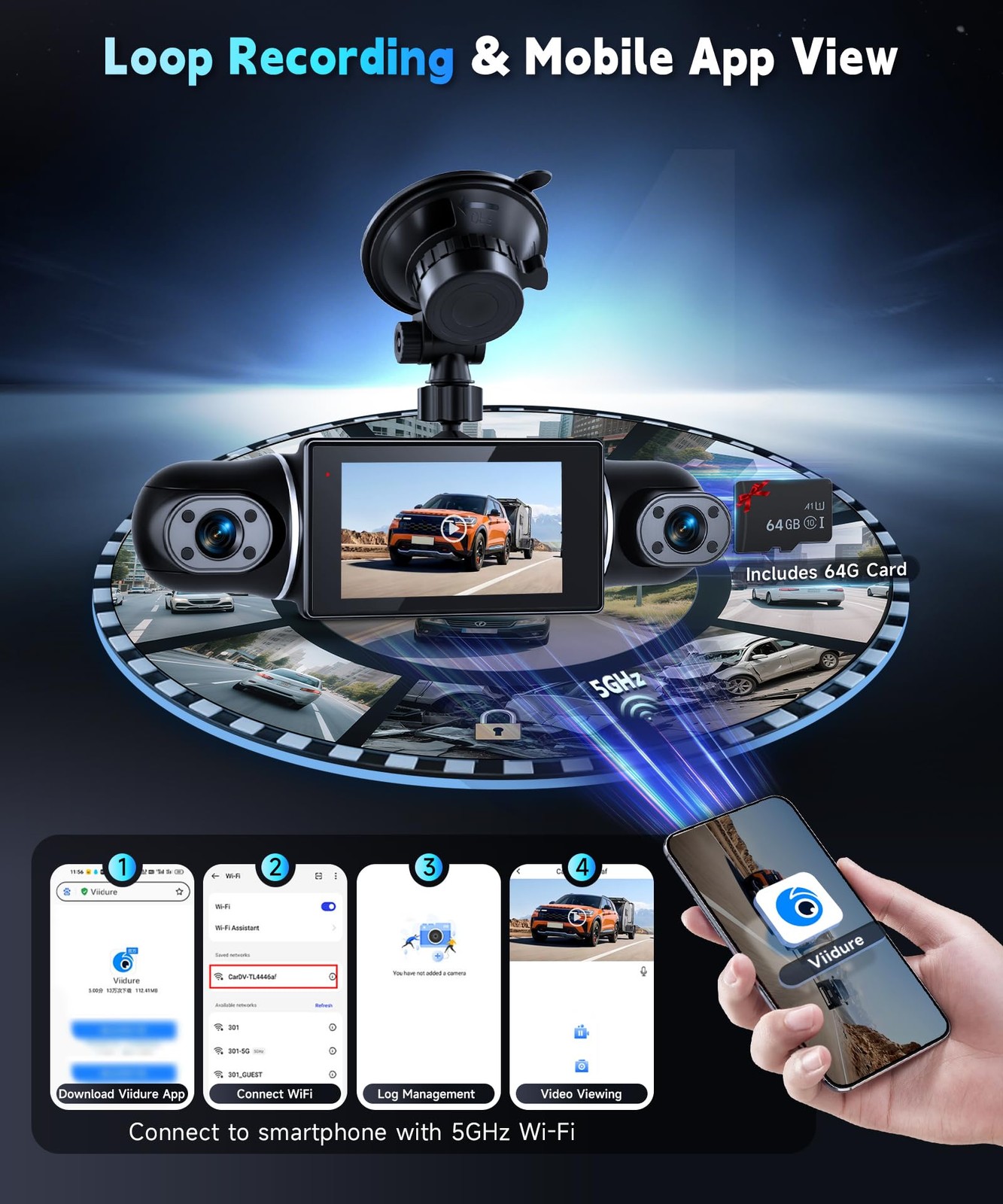 360° View 4 Channel Dash Cam 2K+1080P Front and Rear Inside, Left Right,WiFi ...