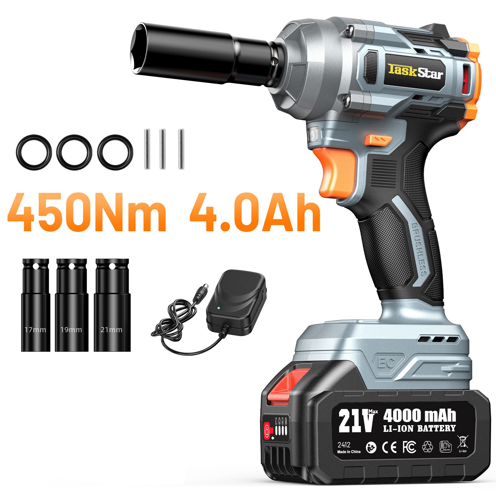 Taskstar Electric Impact Wrench Cordless 1/2" 3/4" 450NM-2000NM Battery &Charger