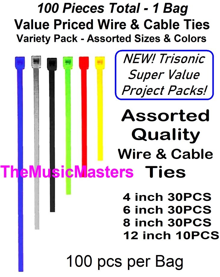 100 Assorted Colors 4, 6, 8, 12 inch Nylon Wire Cable Tie Wraps Straps Zip Ties