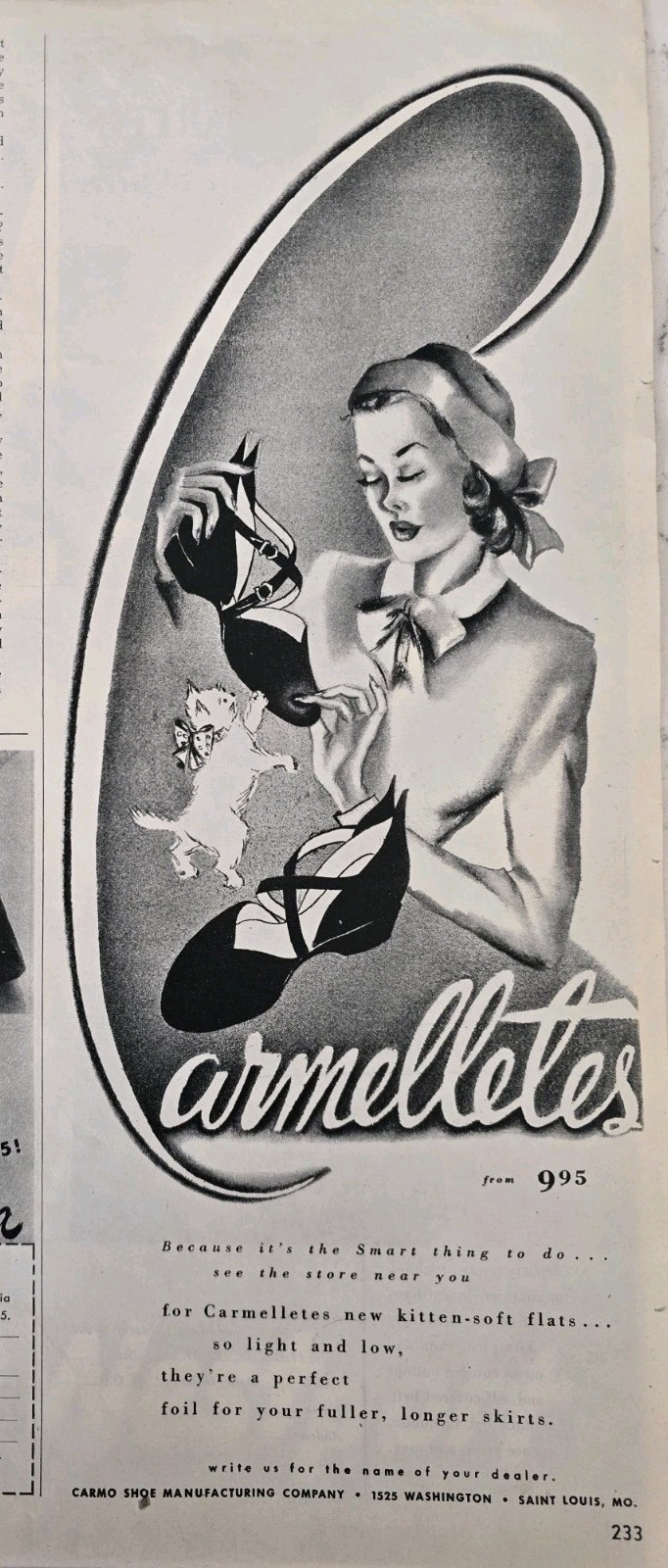 1948 Women's Carmelletes Shoes White Kitten Vintage Fashion Art ad