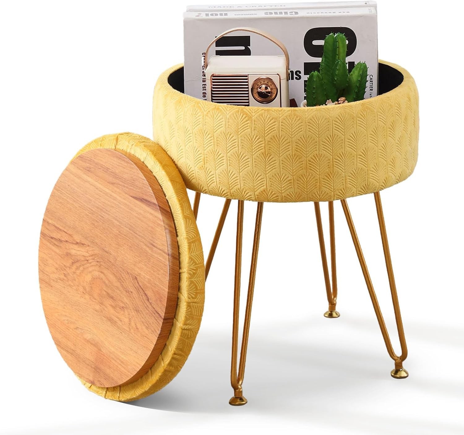 Velvet Storage Ottoman Round Footrest Stool Multifunctional Upholstered Ottoman