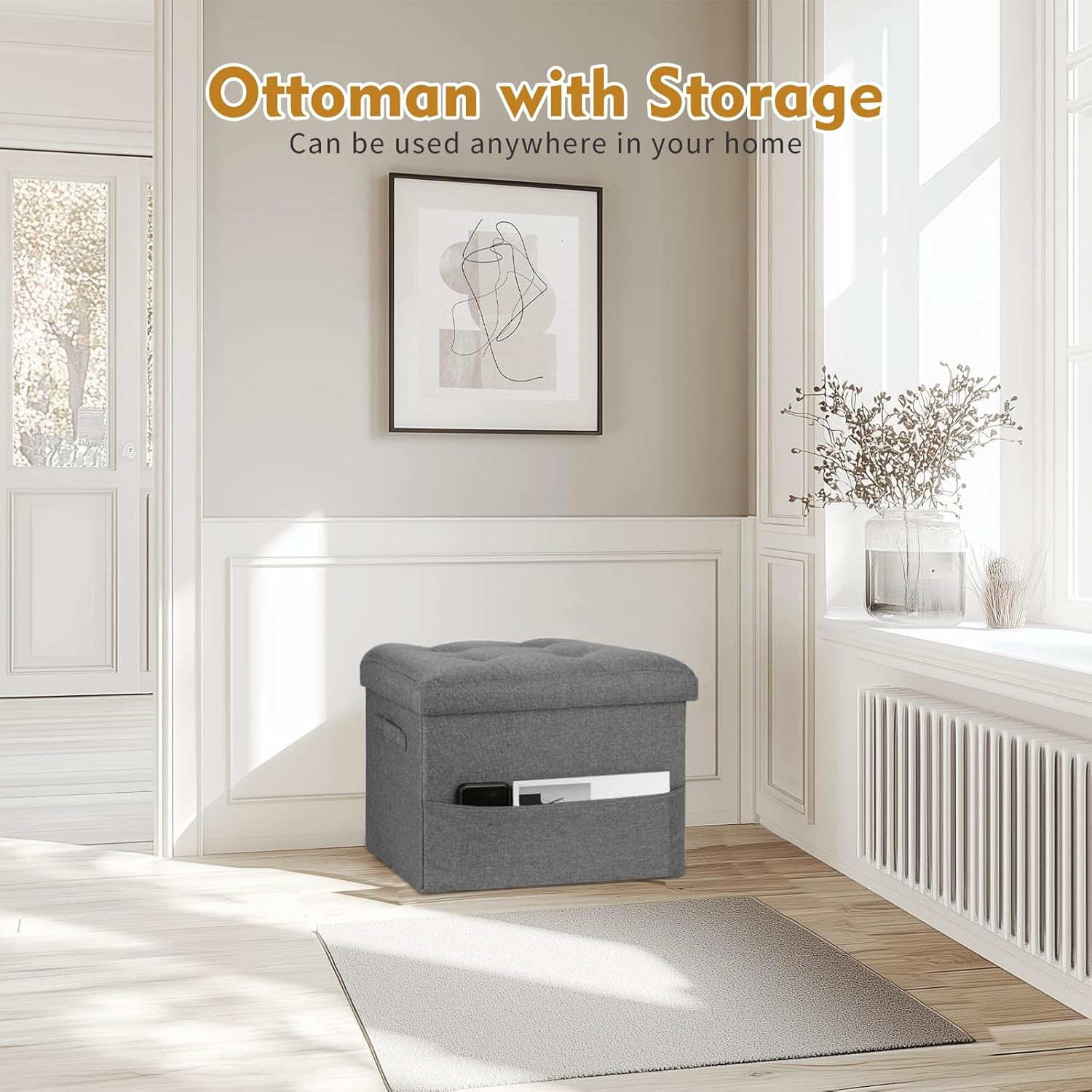 Storage Ottoman with Extra Thick Foam Padded Seat, Foldable Foot Rest Stool with