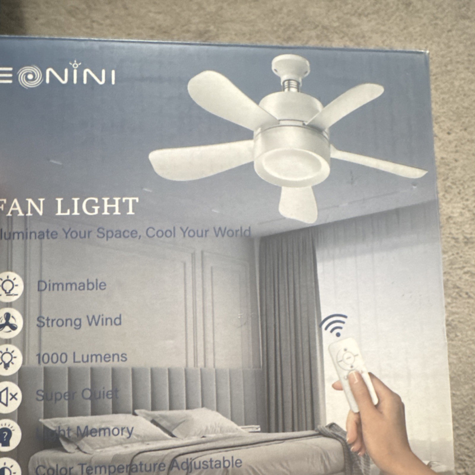 EONINI 15" White Ceiling Fan, 5 Blades, Remote, Dimmable Light, 1000 Lumens