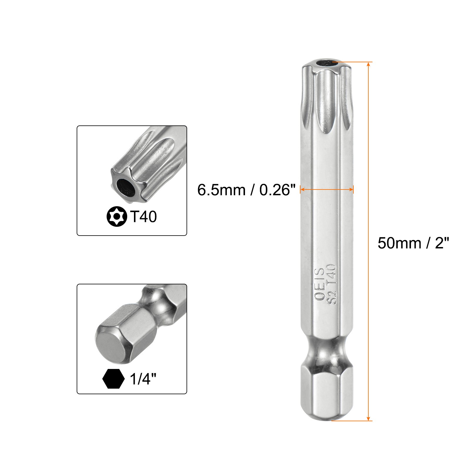 2pcs T40 Security Torx Bit 1/4" Hex Shank 2" Long Tamper Resistant Star Bits