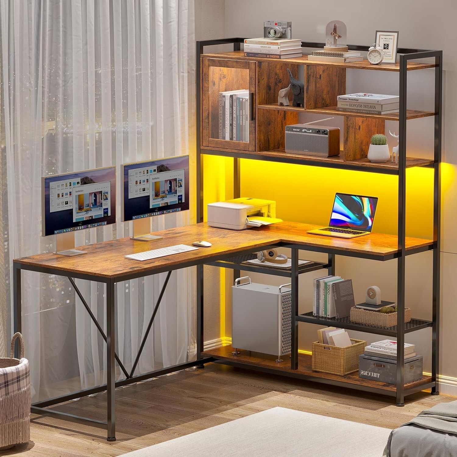 L Shape Computer Desk, 58'' Office Desk with LED Light&Bookshelf for Home Office