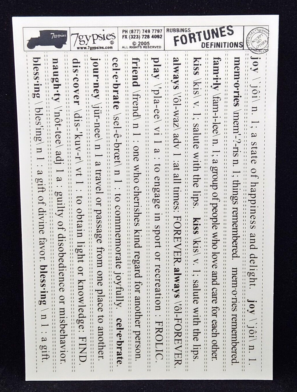 7 Gypsies Fortunes Rubbings DEFINITIONS Words Vintage-Inspired Rub-Ons 2005 New