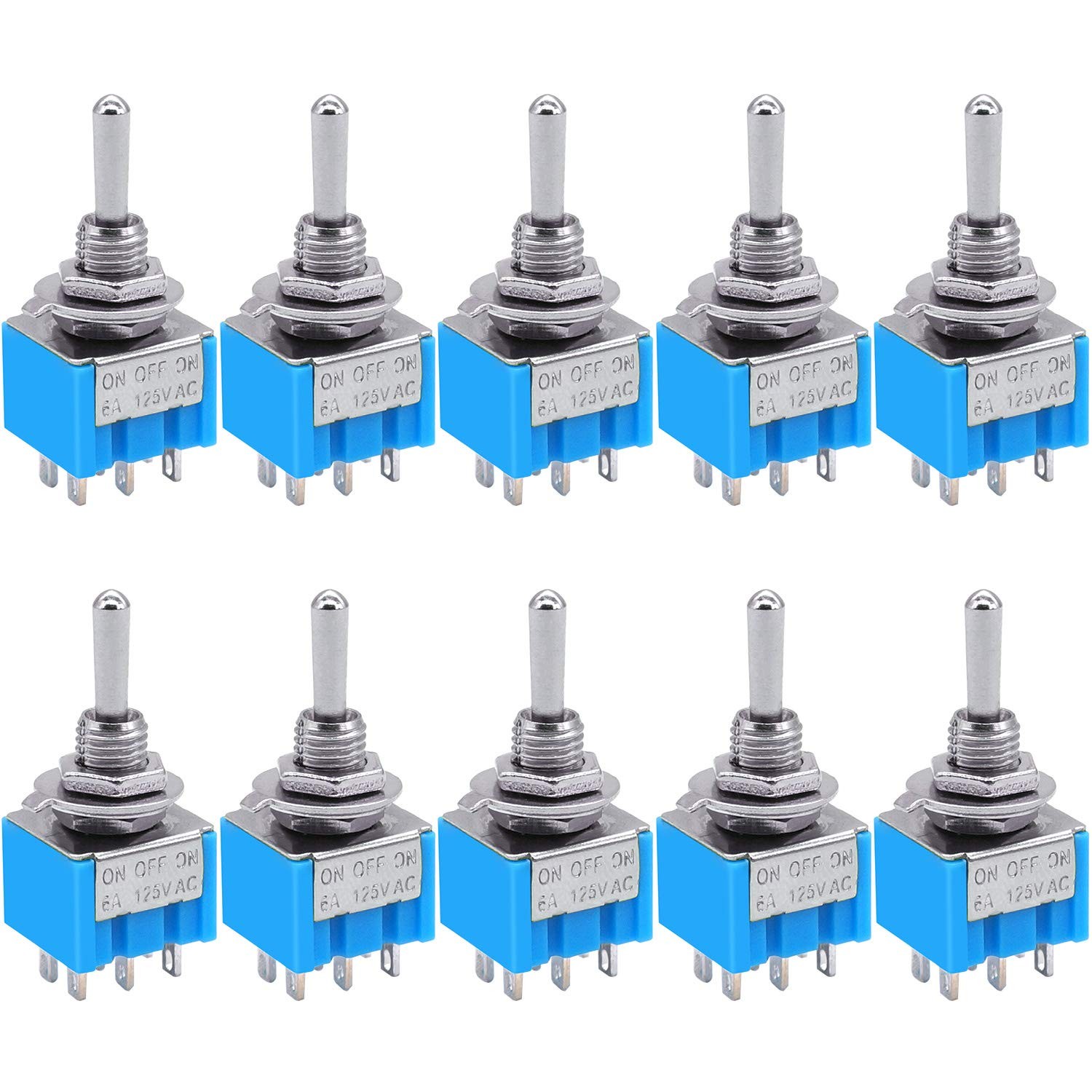 Taiss 10pcs DPDT Mini Toggle Switch - 6-Pin 3 Position ON/Off/ON - 6A 125V MT...