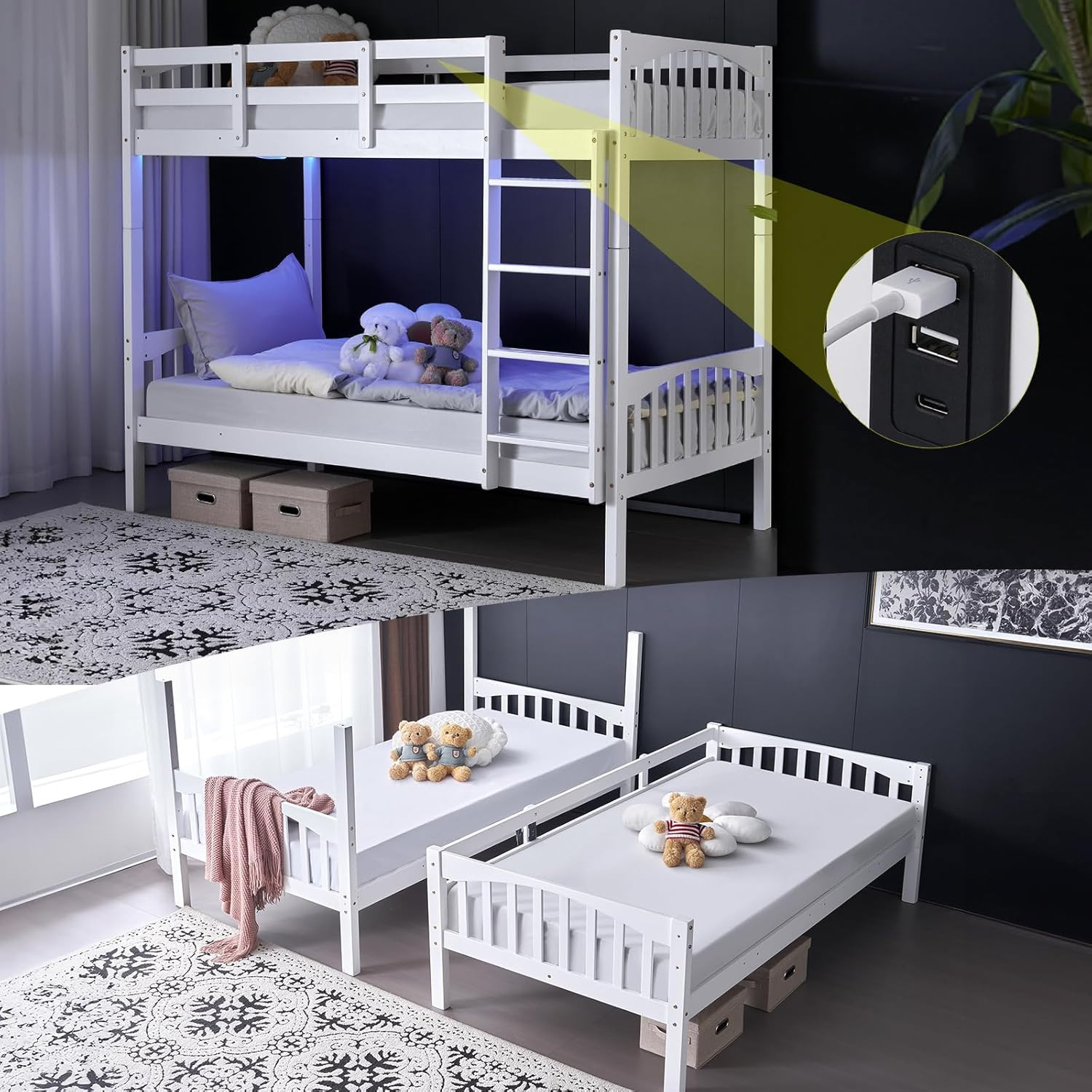 Bunk Bed Frame with Ladder for Kids Easy Assembly No Box Spring Needed White
