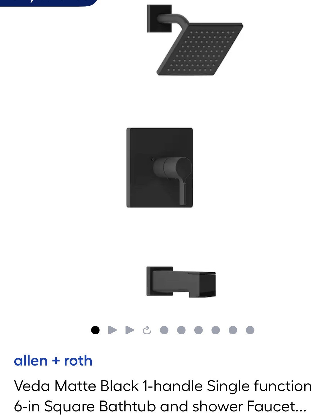 Veda Matte Black 1-handle Single function 6-in Square Bathtub and shower Faucet