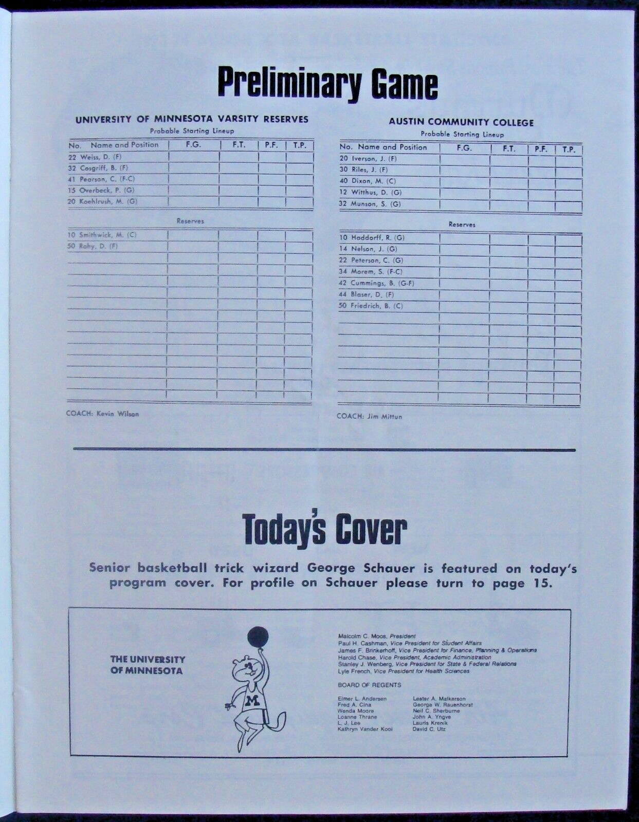 FEB 4, 1974 MINNESOTA GOPHERS V. OHIO STATE BASKETBALL PROGRAM - GEORGE SCHAUER