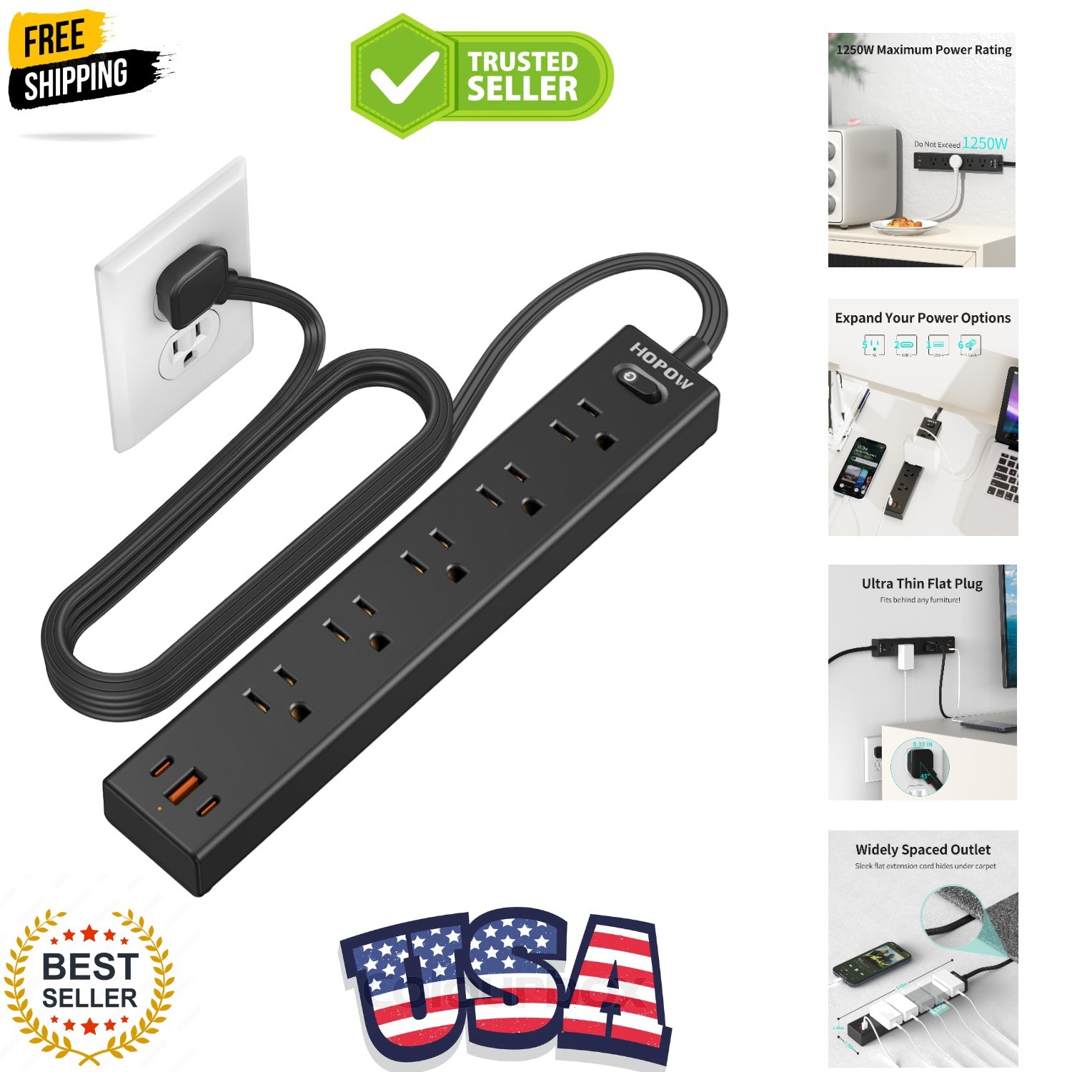 Flat Plug Power Strip, 6 Ft Ultra Thin Extension Cord, Surge Protector with 5...