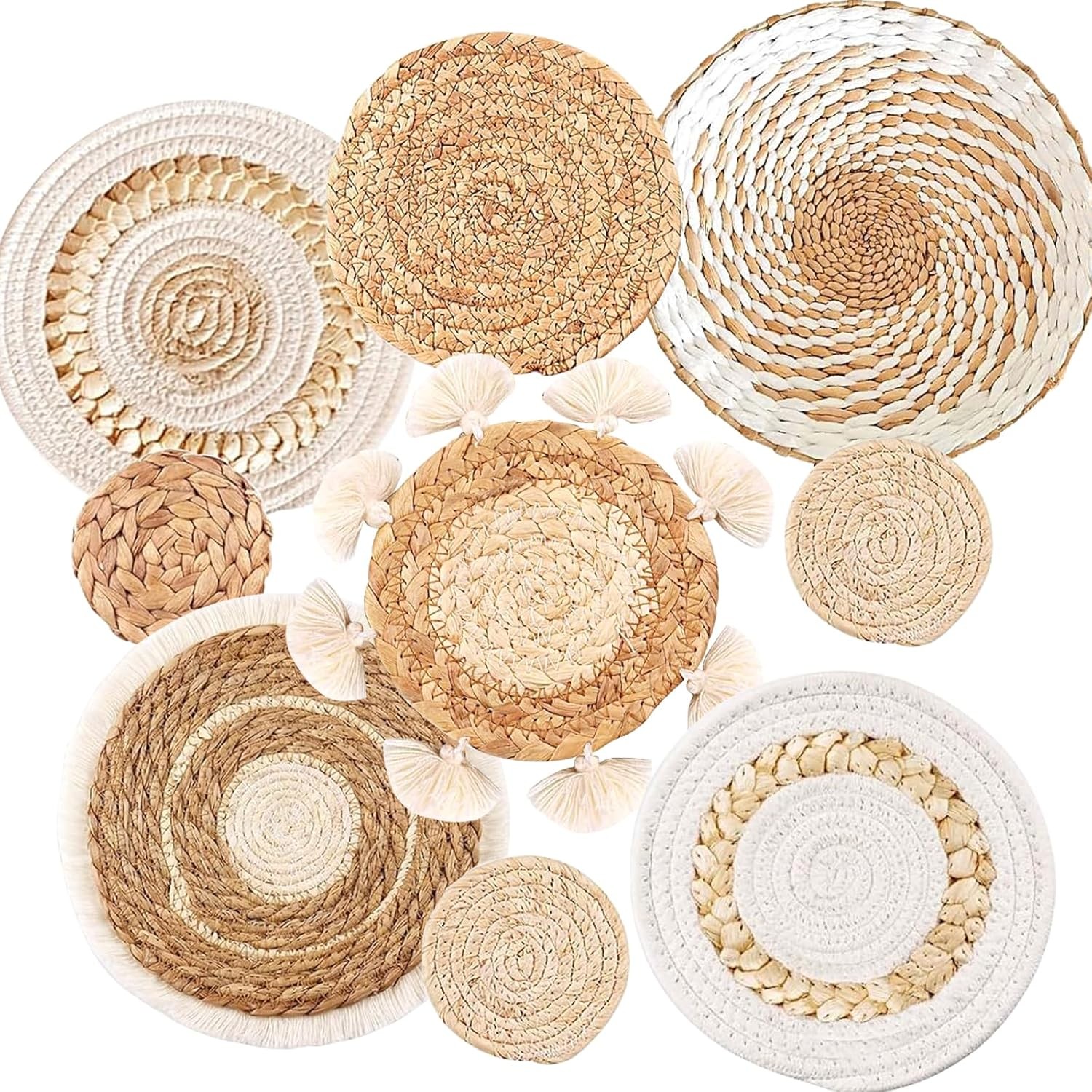 9PCS Boho Wall Baskets Set, Seagrass Rattan Wicker Basket Set, Round Handmade